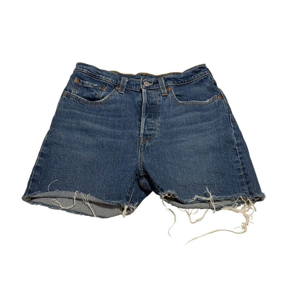 Levi's 501 Shorts Women's Blue Distressed Button Fly Raw Hem Size 28